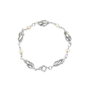 Boho Vintage Twist Japanese Saltwater Akoya Cultured Pearl Bracelet- Sterling Silver White Gold Filled