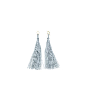Kumihimo Braided Light Gray Natural Silk Tassel Boho Pierced Earring Enhancer- 14K Yellow Gold 3 Inch