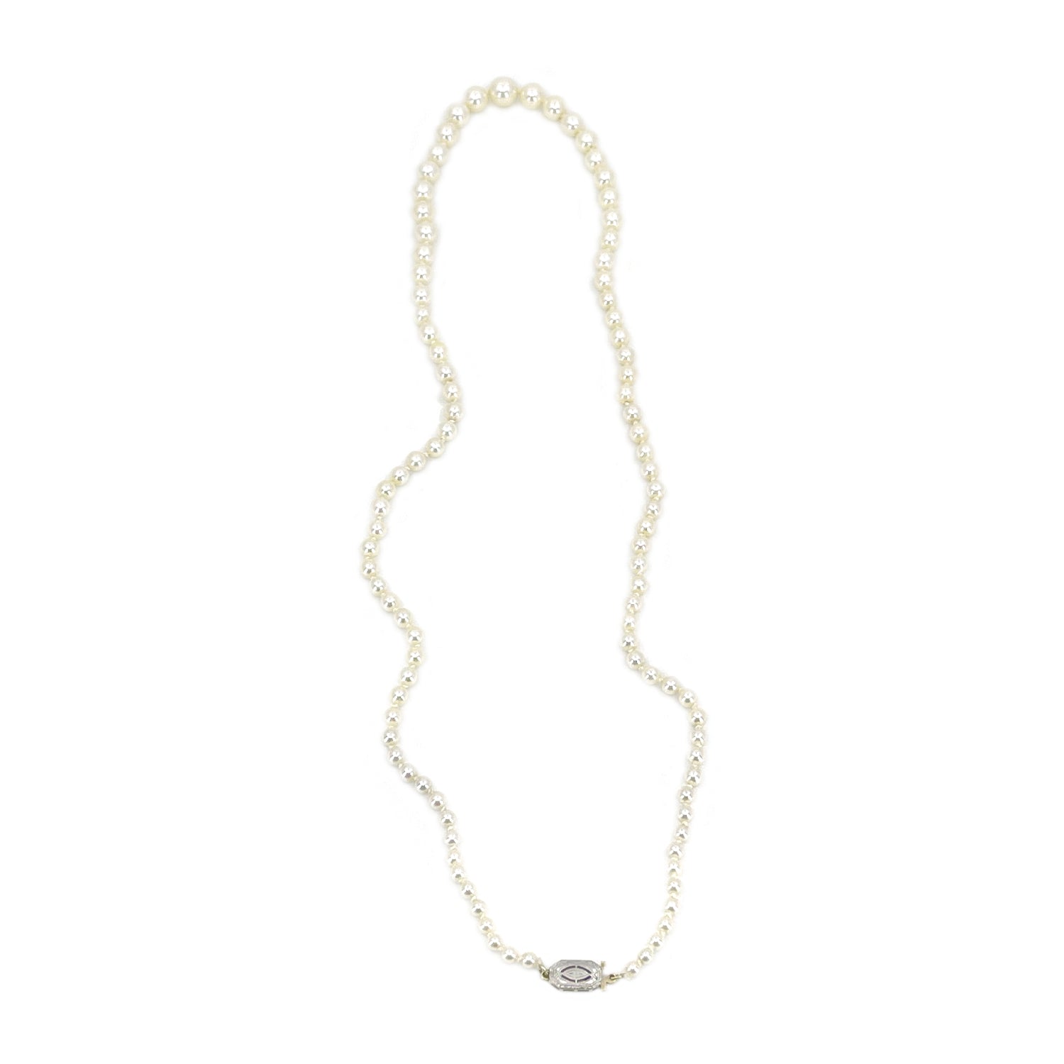 Art Deco Two-Tone Engraved Japanese Saltwater Cultured Akoya Pearl Necklace - 14K Gold 20.25 Inch