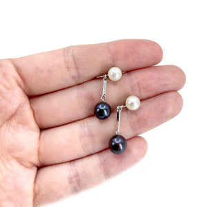 Two Tone Drop Akoya Saltwater Cultured Pearl Black & White Screwback Earrings- Sterling Silver