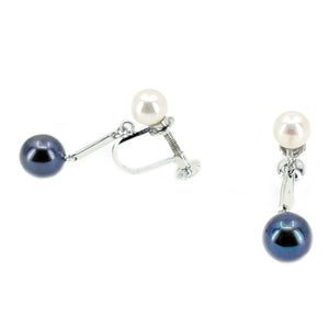 Two Tone Drop Akoya Saltwater Cultured Pearl Black & White Screwback Earrings- Sterling Silver