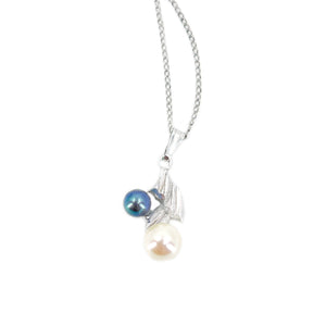 Two Tone Modern Japanese Cultured Black White Akoya Pearl Sail Pendant- Sterling Silver 15 Inch