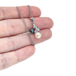 Two Tone Modern Japanese Cultured Black White Akoya Pearl Sail Pendant- Sterling Silver 15 Inch