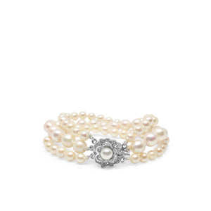 Triple Strand Floral Saltwater Akoya Cultured Pearl Vintage Bracelet- Sterling Silver