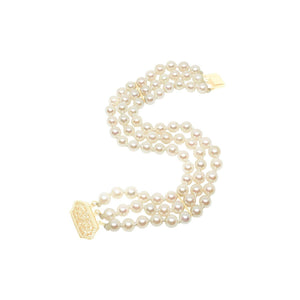Triple Strand Filigree Vintage Akoya Saltwater Cultured Pearl Bracelet- 14K Yellow Gold