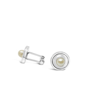 Modernist Japanese Cultured Akoya Pearl Round Cufflinks- Sterling Silver