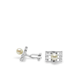 Chain Link Japanese Cultured Akoya Pearl Round Cufflinks- Sterling Silver