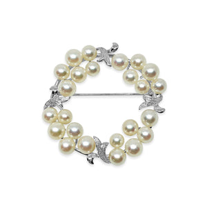 Circle Wreath Leaf Brooch Japanese Saltwater Cultured Akoya Pearl Brooch- Sterling Silver