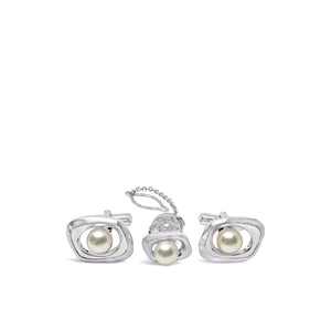 Mid-Century Modern Japanese Saltwater Akoya Cultured Pearl Cufflinks & Tie Tac Set- Sterling Silver