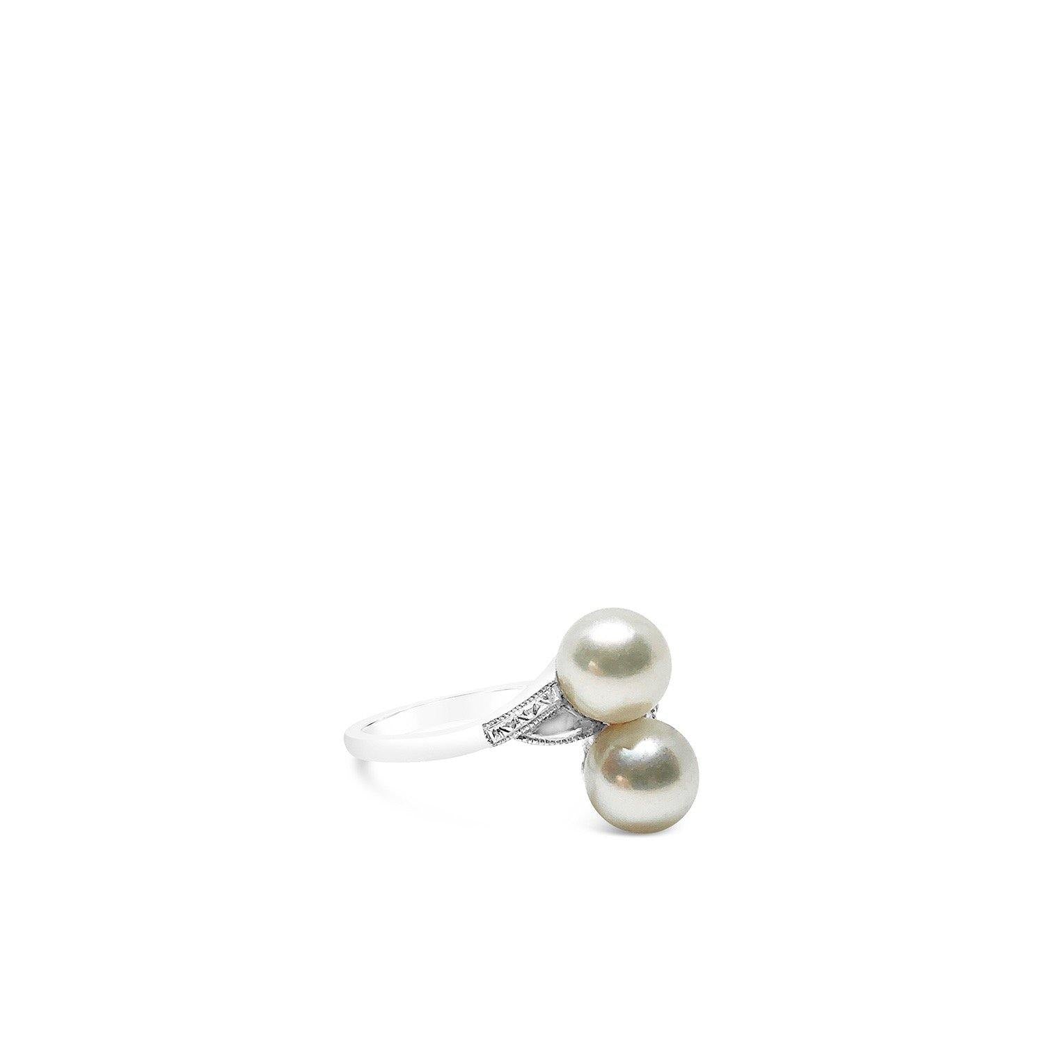 Mikimoto Engraved Bypass Japanese Saltwater Akoya Cultured Pearl Ring- Sterling Silver