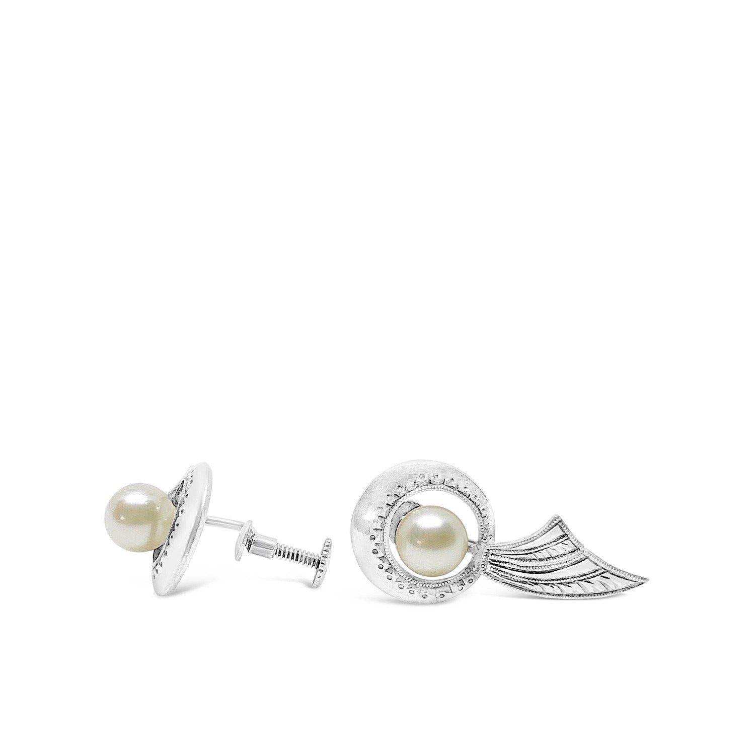Engraved Akoya Saltwater Cultured Pearl Screwback Earrings- Sterling Silver