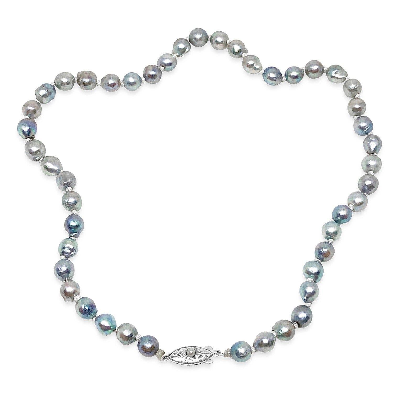 Antique Engraved Japanese Saltwater Cultured Blue Akoya Pearl Necklace - Sterling Silver