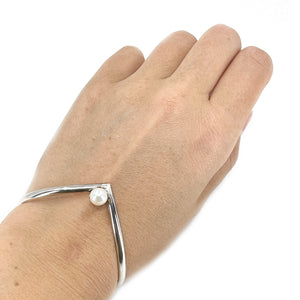 V Cuff Japanese Saltwater Akoya Cultured Designer Pearl Bracelet- Sterling Silver