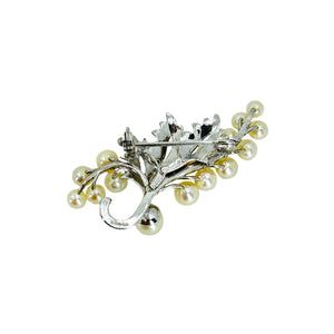 Detailed Spray Leaf Vintage Japanese Saltwater Akoya Cultured Pearl Brooch- Sterling Silver