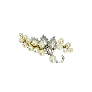 Detailed Spray Leaf Vintage Japanese Saltwater Akoya Cultured Pearl Brooch- Sterling Silver