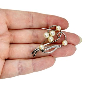 Delicate Swirl Vintage Japanese Saltwater Akoya Cultured Pearl Pin Brooch- Sterling Silver