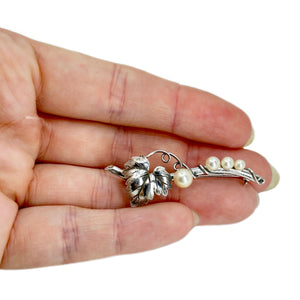 Vintage Grape Branch Japanese Saltwater Akoya Cultured Pearl Pin Brooch- Sterling Silver