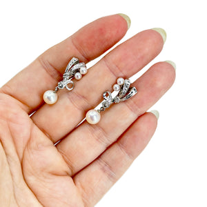 Mikimoto Deco Style Akoya Saltwater Cultured Pearl Vintage Screwback Earrings- Sterling Silver