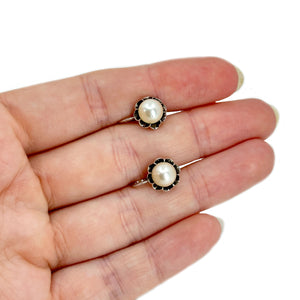 Gothic Buttercup Akoya Saltwater Cultured Pearl Vintage Screwback Stud Earrings- Sterling Silver