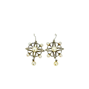 Antique Art Deco Engraved Akoya Saltwater Cultured Pearl Pierced Hook Earrings- Sterling Silver