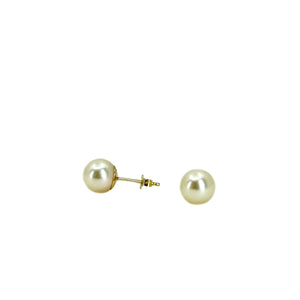 7.25mm Vintage Japanese Akoya Saltwater Cultured Pearl Stud Pierced Earrings- 14K Yellow Gold