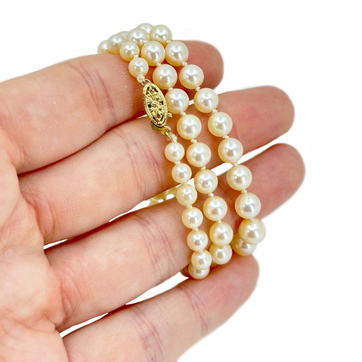 Floral High Quality Graduated Japanese Cultured Saltwater Akoya Pearl Necklace - 14K Yellow Gold 16.75 Inch