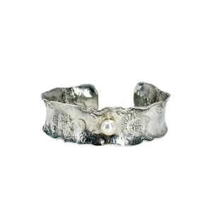 Abstract Artisan Vintage Cuff Japanese Saltwater Akoya Cultured Pearl Bracelet- Sterling Silver