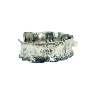 Abstract Artisan Vintage Cuff Japanese Saltwater Akoya Cultured Pearl Bracelet- Sterling Silver