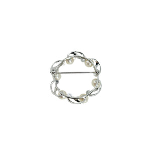 Vintage Mikimoto Leafy Circle Japanese Cultured Saltwater Akoya Pearl Brooch- Sterling Silver