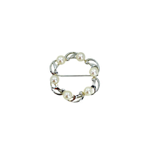 Vintage Mikimoto Leafy Circle Japanese Cultured Saltwater Akoya Pearl Brooch- Sterling Silver