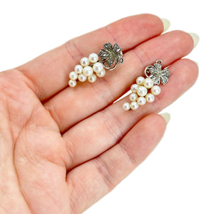 Vintage Mikimoto Grape Cluster Akoya Saltwater Cultured Pearl Vintage Dangle Screwback Earrings- Sterling Silver