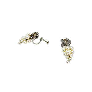 Vintage Mikimoto Grape Cluster Akoya Saltwater Cultured Pearl Vintage Dangle Screwback Earrings- Sterling Silver