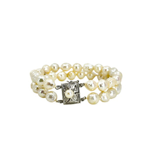 Vintage Double Strand Baroque Japanese Saltwater Akoya Cultured Pearl Bracelet- Sterling Silver