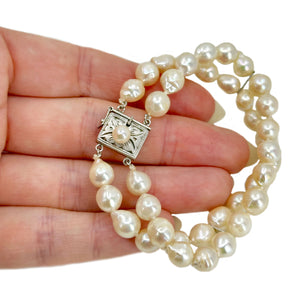 Vintage Double Strand Baroque Japanese Saltwater Akoya Cultured Pearl Bracelet- Sterling Silver