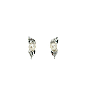 Solitaire Fuji Pearl Vintage Designer Akoya Saltwater Cultured Pearl Leaf Screwback Earrings Original Box- Sterling Silver