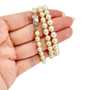 Engraved Vintage Japanese Saltwater Cultured Akoya Pearl Graduated Necklace - Sterling Silver 19 Inch