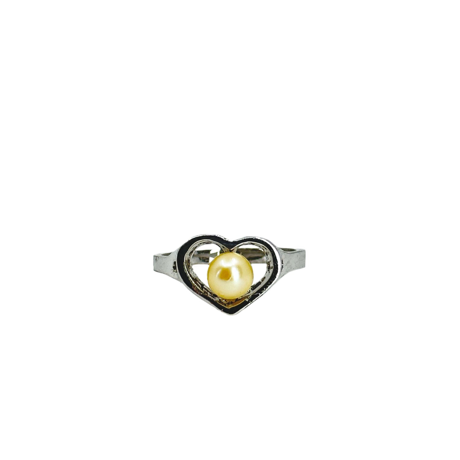 Heart Vintage Cream Golden Japanese Saltwater Akoya Cultured Pearl Ring- Sterling Silver Sz 6