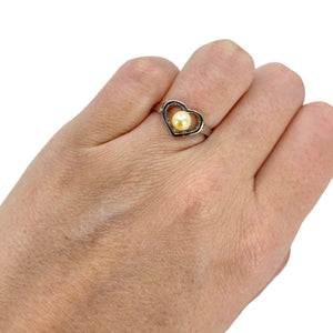 Heart Vintage Cream Golden Japanese Saltwater Akoya Cultured Pearl Ring- Sterling Silver Sz 6