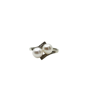 Fuji Pearl Designer Vintage Engraved Bypass Japanese Saltwater Akoya Cultured Pearl Ring- Sterling Silver Sz 6