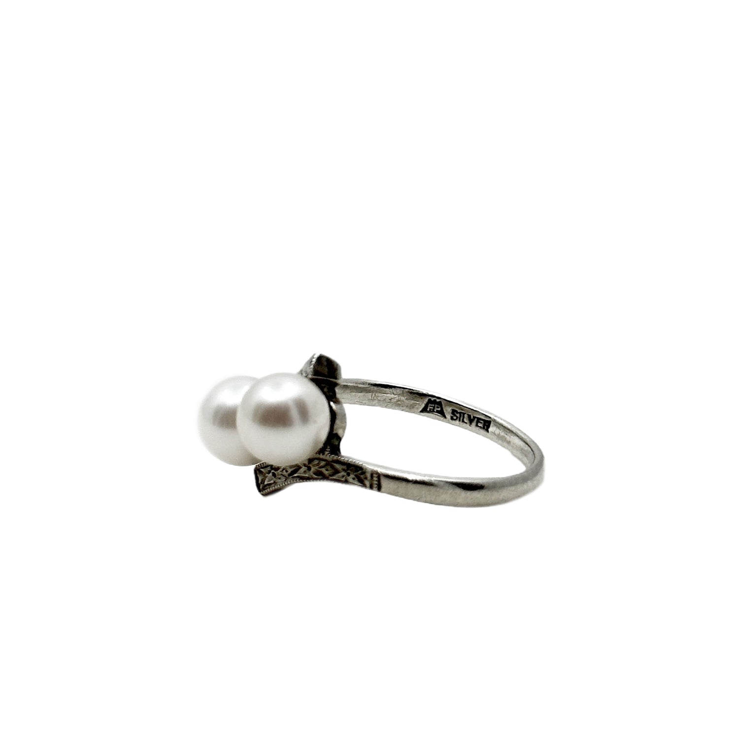 Fuji Pearl Designer Vintage Engraved Bypass Japanese Saltwater Akoya Cultured Pearl Ring- Sterling Silver Sz 6