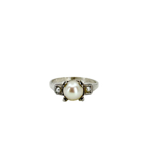Triple Pearl Art Deco Industrial Milgrain Japanese Saltwater Akoya Cultured Pearl Ring- Sterling Silver Sz 5.50