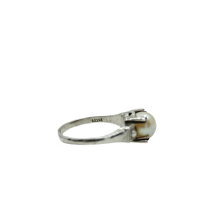 Triple Pearl Art Deco Industrial Milgrain Japanese Saltwater Akoya Cultured Pearl Ring- Sterling Silver Sz 5.50