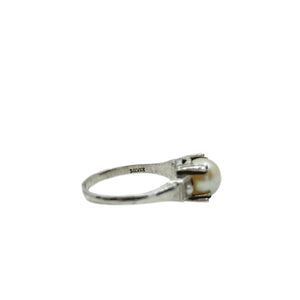 Triple Pearl Art Deco Industrial Milgrain Japanese Saltwater Akoya Cultured Pearl Ring- Sterling Silver Sz 5.50