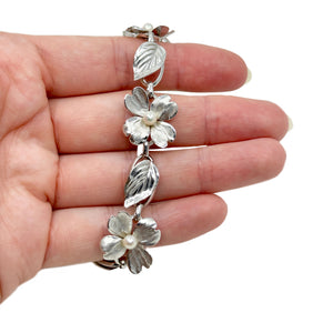 HSB Designer Dogwood Japanese Saltwater Akoya Cultured Pearl Link Flower Bracelet Harry S Bick - Sterling Silver