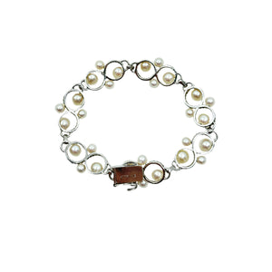 Mid Century Swirl Bubbles Japanese Saltwater Akoya Cultured Pearl Link Bracelet - Sterling Silver