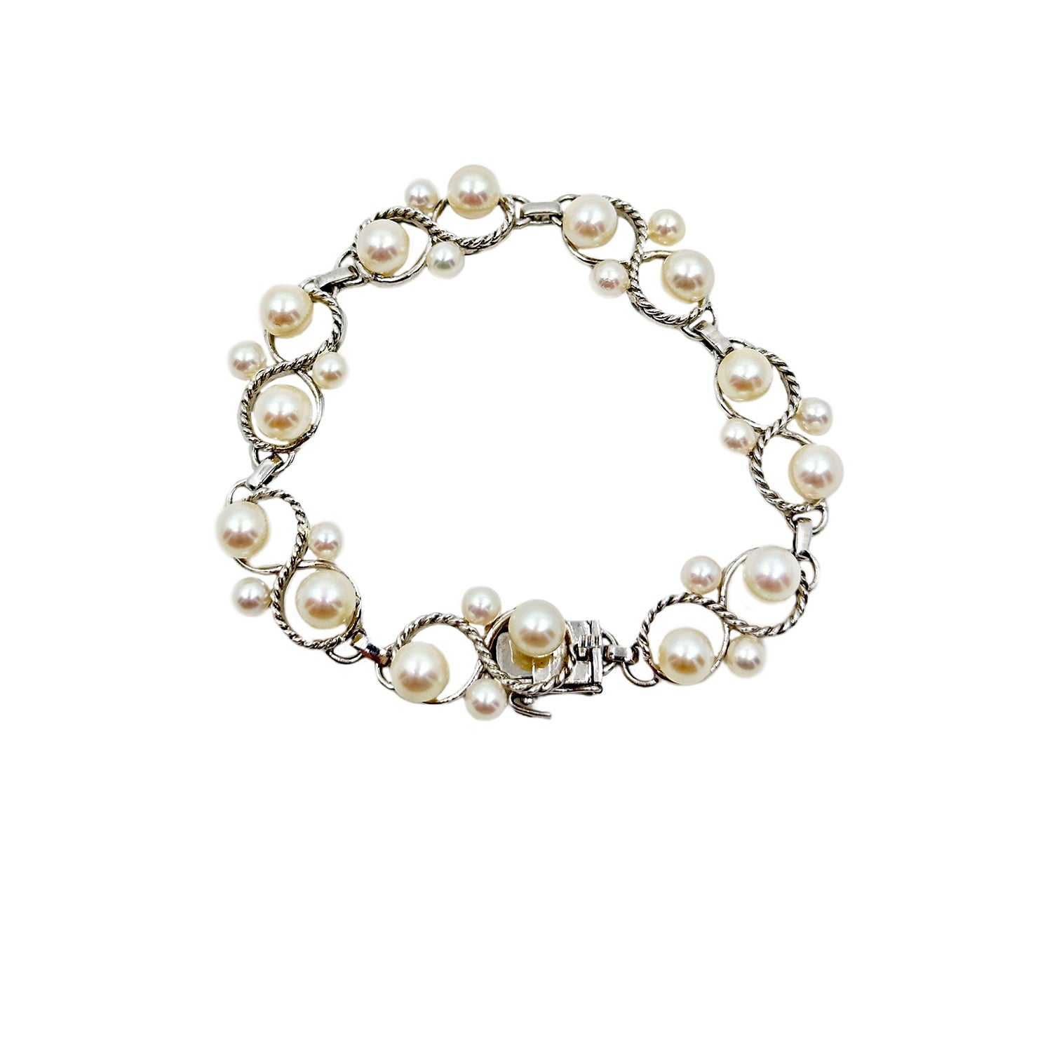 Mid Century Swirl Bubbles Japanese Saltwater Akoya Cultured Pearl Link Bracelet - Sterling Silver