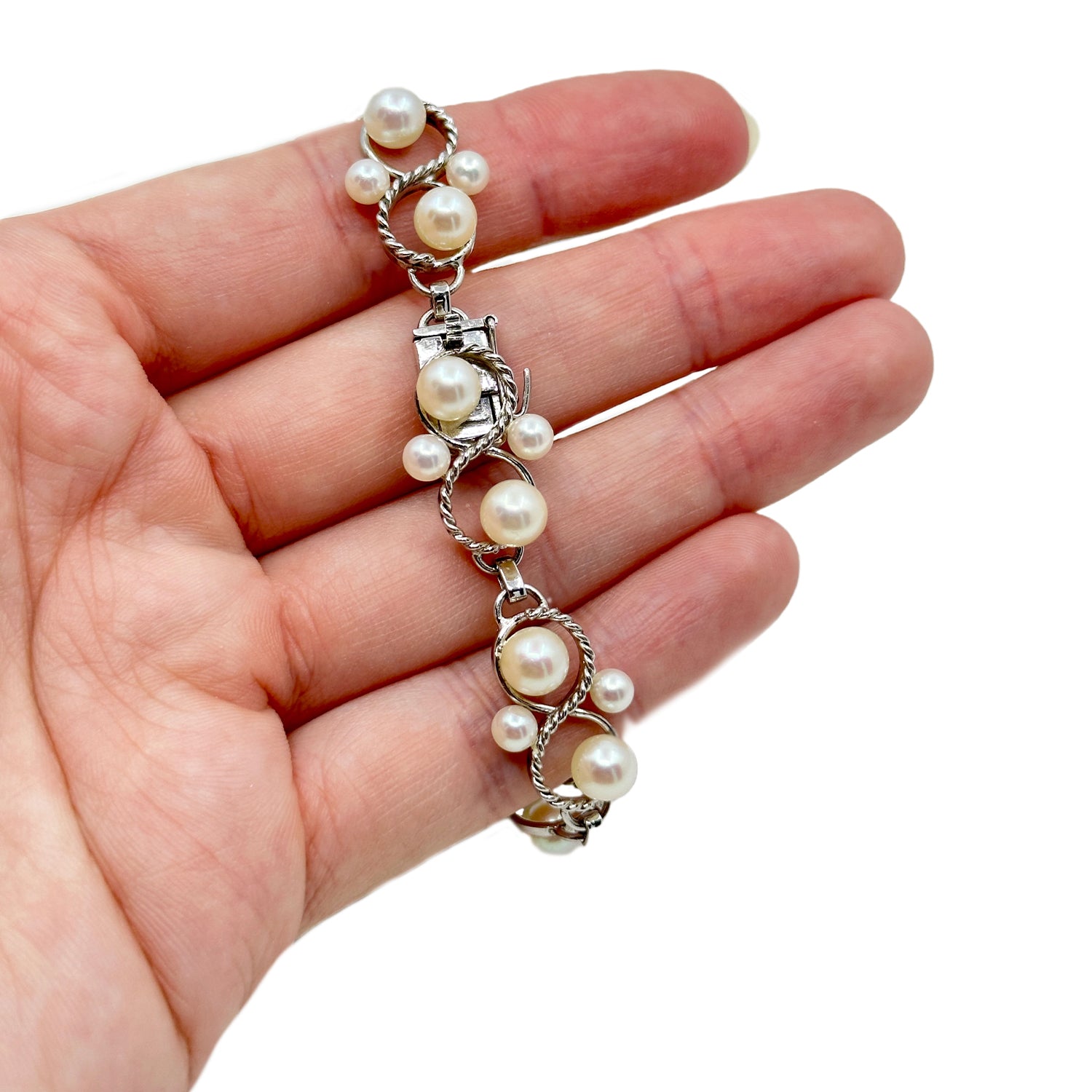 Mid Century Swirl Bubbles Japanese Saltwater Akoya Cultured Pearl Link Bracelet - Sterling Silver