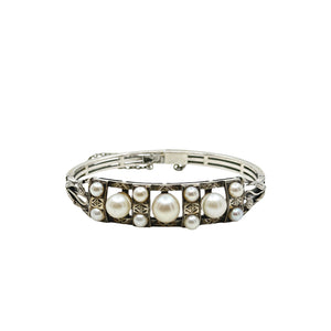 Lilly of the Valley Art Nouveau Japanese Saltwater Akoya Cultured Pearl Bangle Bracelet - Sterling Silver