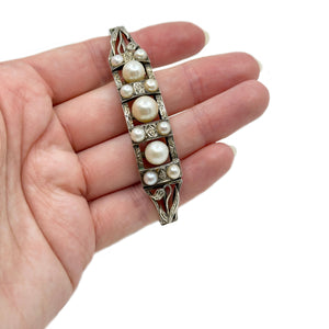 Lilly of the Valley Art Nouveau Japanese Saltwater Akoya Cultured Pearl Bangle Bracelet - Sterling Silver