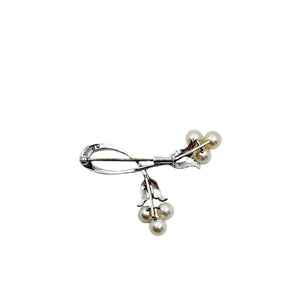Antique Mikimoto Nouveau Spray Leaf Japanese Cultured Saltwater Akoya Pearl Trombone Brooch- Sterling Silver